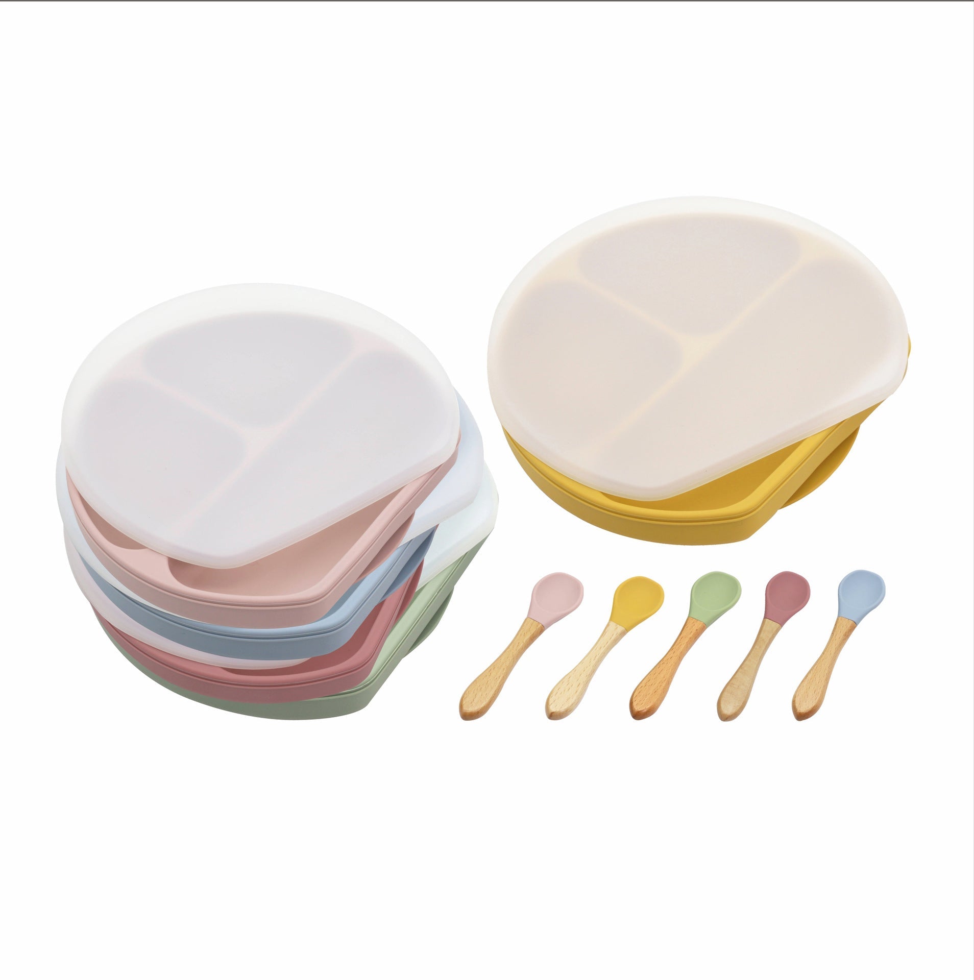 Baby Silicone Compartment Plate With Wooden Spoon-3