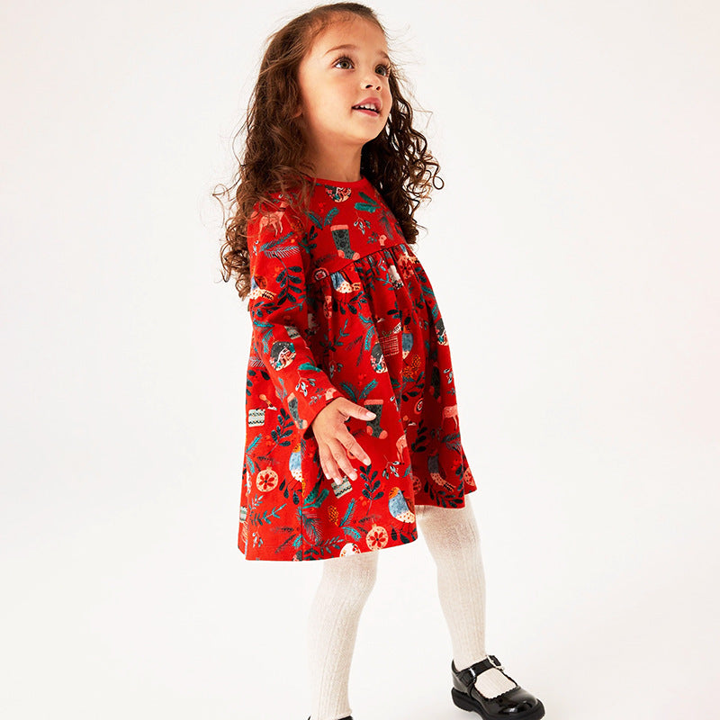 Baby Girl Floral Graphic Long Sleeve A-Line Design Loose Christmas Dress-3