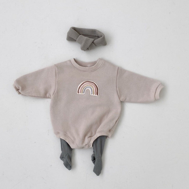 Baby 1pcs Rainbow Embroidery Pattern Solid Color Long Sleeves Soft Bodysuit-2