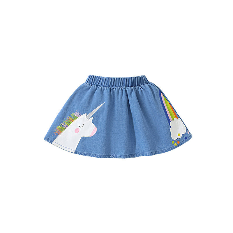 Girls Denim Skirts With Unicorn Rainbow Cartoon Embroidery-3