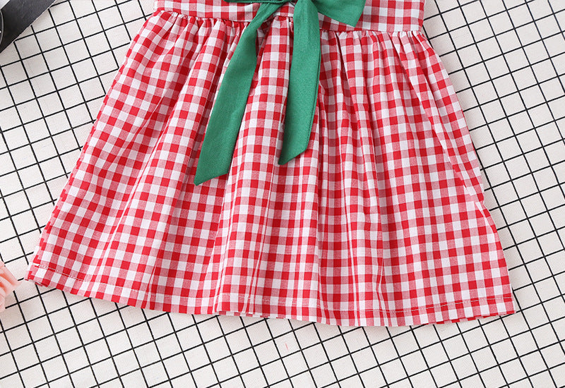 Baby Girl Plaid Pattern Bow Tie Decoration Sleeveless Dress-3