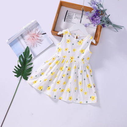 Baby Girls Floral Print Sleeveless Round Collar Dress In Summer-3