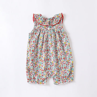 Baby Floral Pattern Ruffle Neck Sleeveless Rompers-3