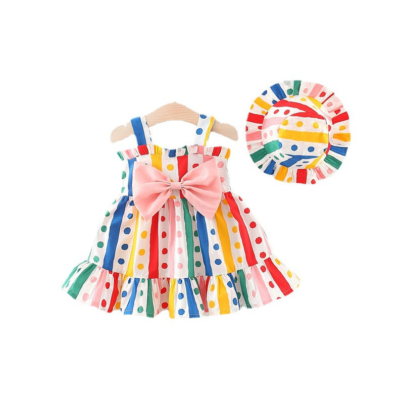 Baby Girl Colorful Dot Pattern Big Bow Tie Design Sling Dress-3