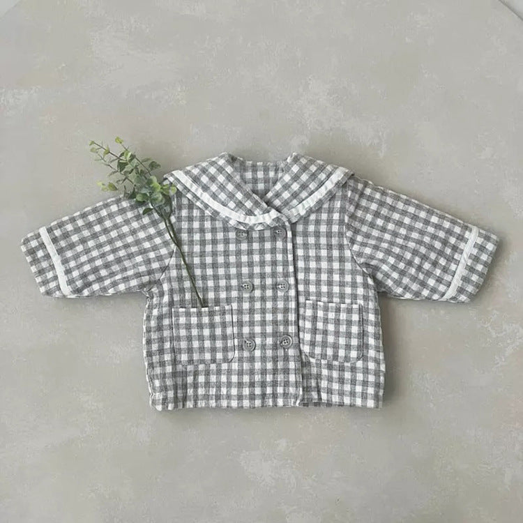 Baby Plaid Pattern Solid Color Lapel Design Cute Style Quilted Coat-3