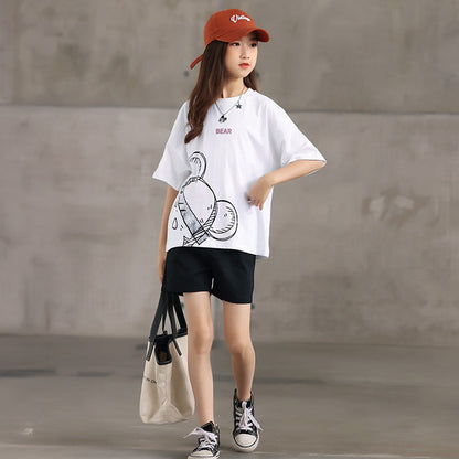 Summer Cheap Girls Abstract Teddy Print Short Sleeves T-Shirt And Smiling Face Logo Shorts Clothing Set-4