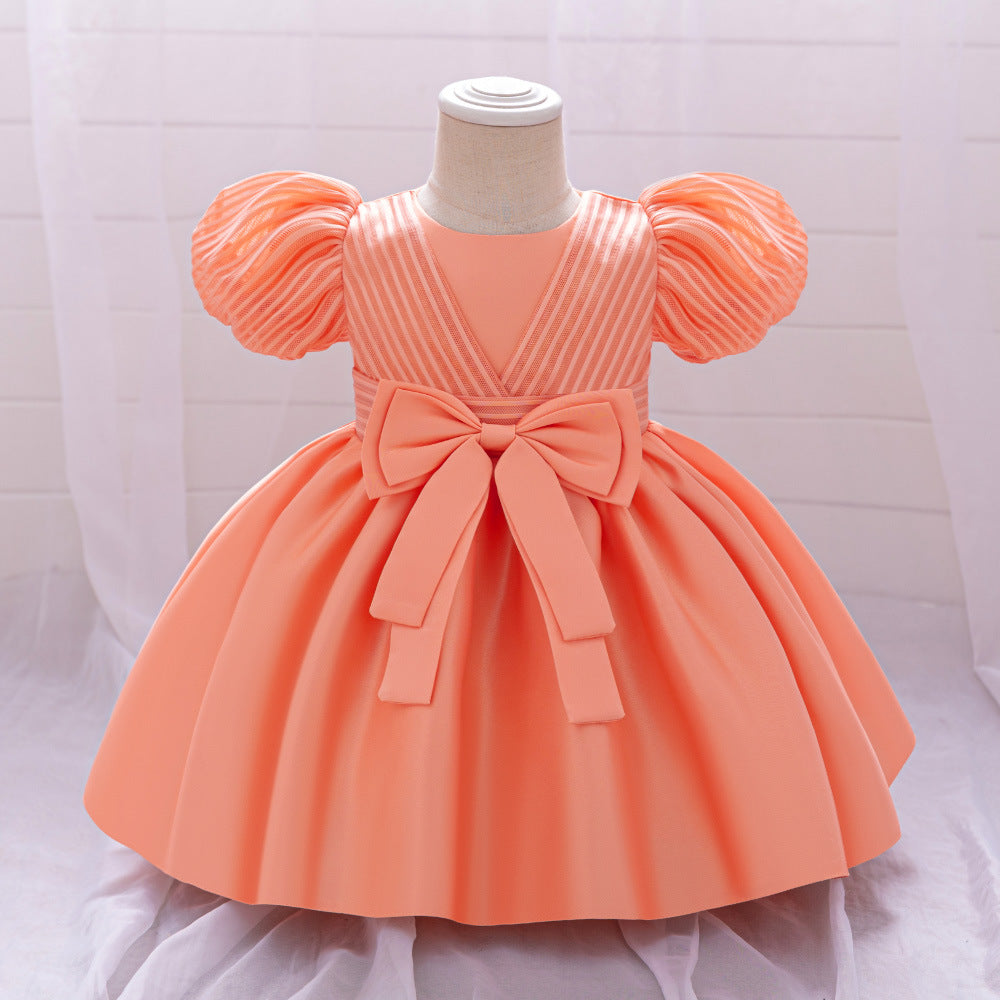 New Design Summer Baby Kids Girls Short Sleeves Striped Pattern Bow Tied Dress-2