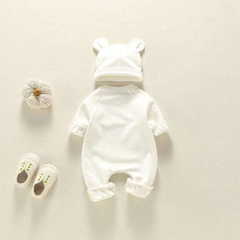 Baby Girl Bear Print Pattern Solid Color Long-Sleeved Rompers With Hat In Spring &amp; Autumn-3