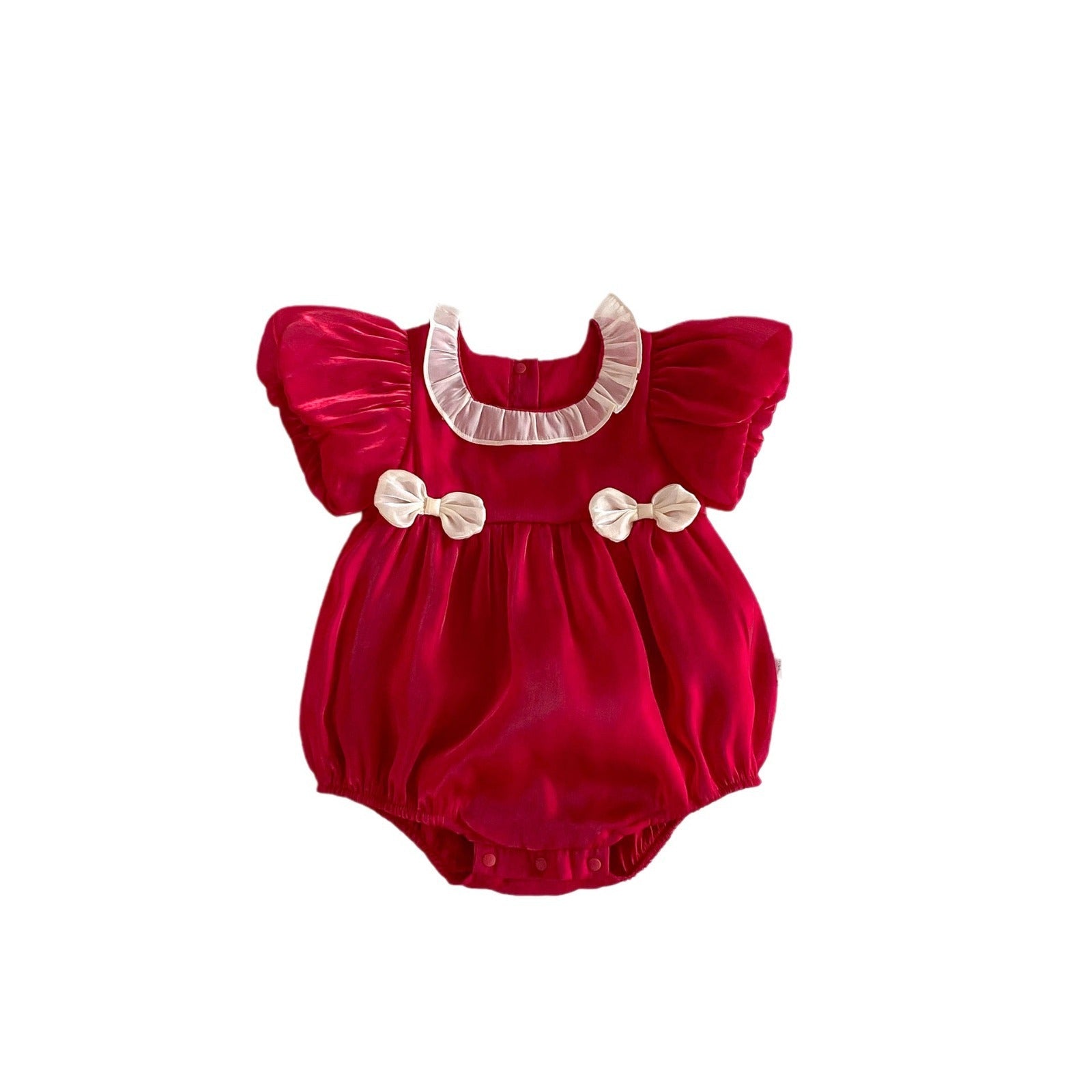 Summer New Arrival Baby Girls Short Sleeves Crew Neck Red Color White Bows Princess Onesie-1