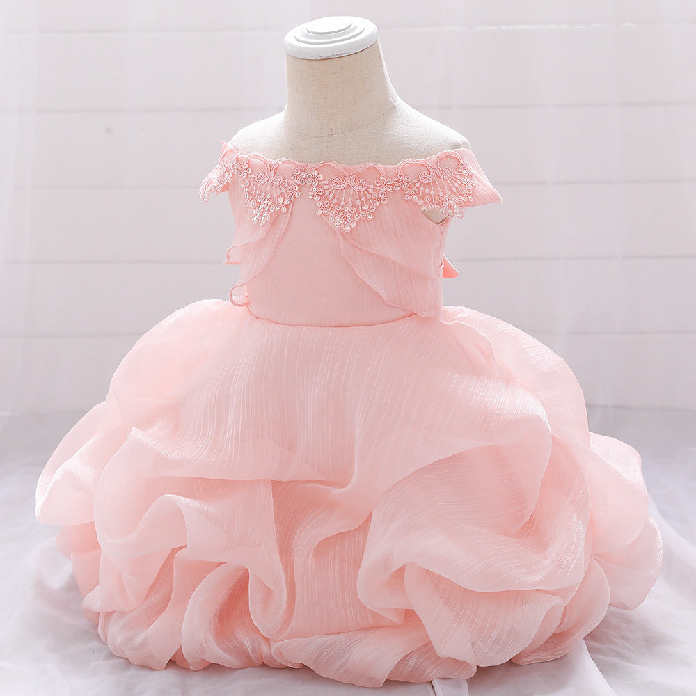 Baby Girl Solid Color One Shoulder Design Tutu Formal Dress Baptism Birthday Dress-2