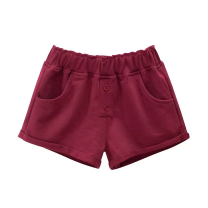 Baby Girl Solid Color Button Design Flap Short Pants With Pockets-3