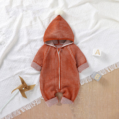 Baby Solid Color Zipper Front Design Hooded Knitted Romper-3