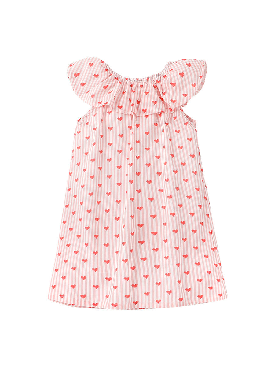 Summer New Arrival Girls Sleeveless Red Heart Print Ruffle Collar Dress-1