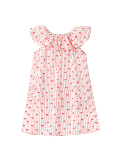 Summer New Arrival Girls Sleeveless Red Heart Print Ruffle Collar Dress-1