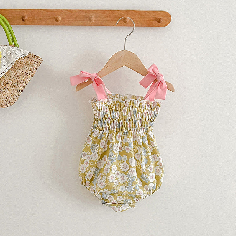 Baby Girls Floral Design Butterfly Bows Strap Dress/Onesies-2