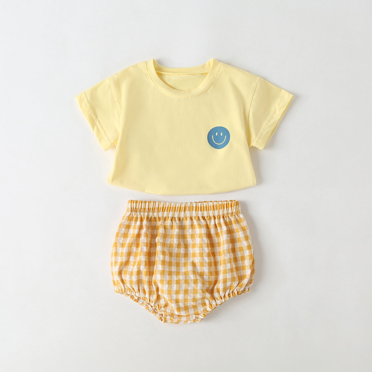 Baby Smiley Print Pattern Solid Tee Combo Plaid Pattern Triangle Shorts Sets-3