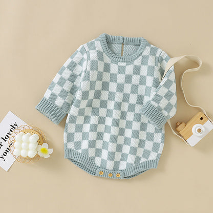 Baby Checkerboard Pattern Quality Knit Onesies-1