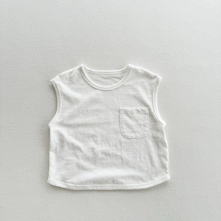 Refreshing Sleeveless Summer New Children’s Vest, Unisex Baby Bamboo Cotton Casual Pocketed Top-1