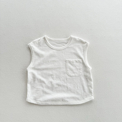 Refreshing Sleeveless Summer New Children’s Vest, Unisex Baby Bamboo Cotton Casual Pocketed Top-1