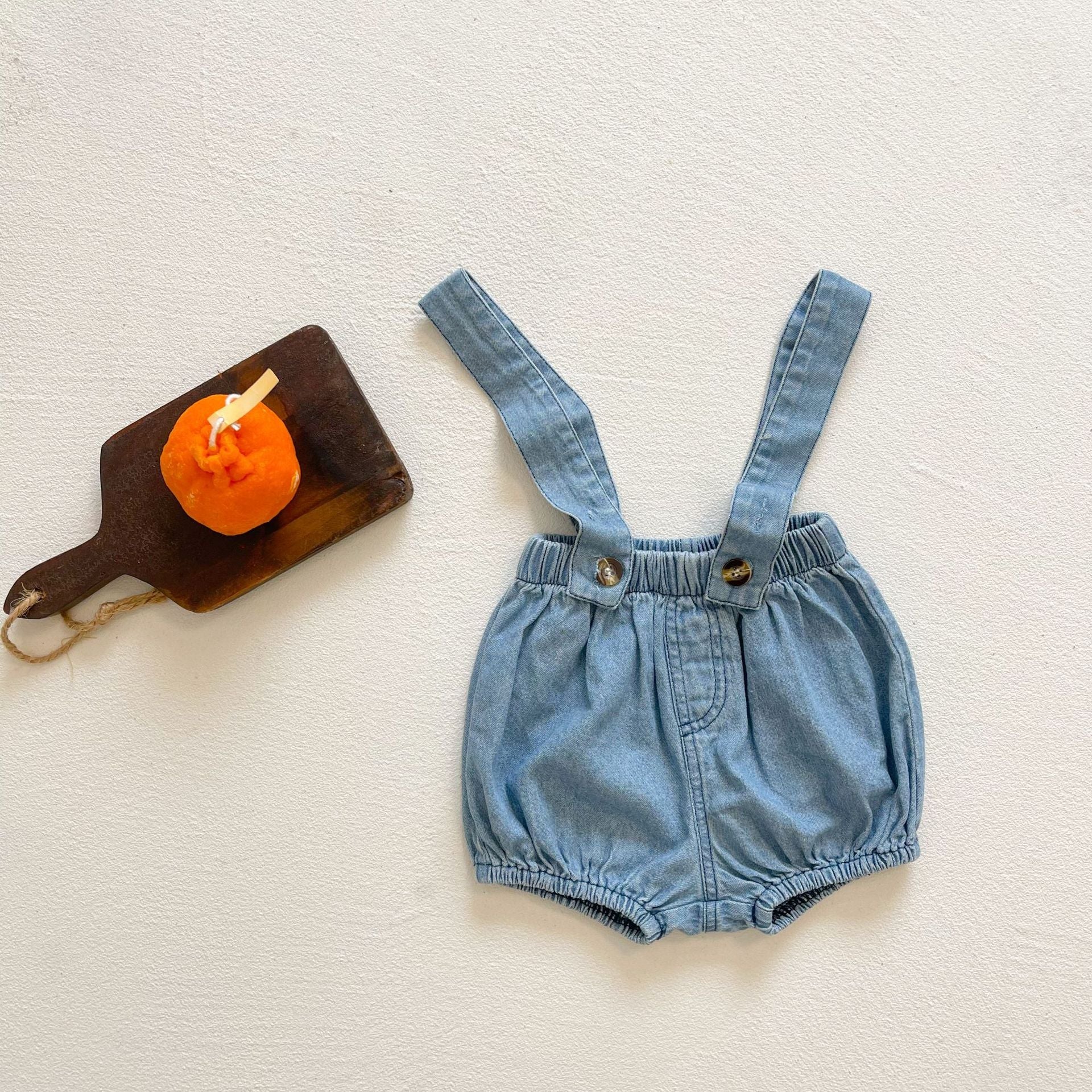 Baby Girl Solid Color Denim Fabric Strap Sling Shorts Rompers In Summer-3