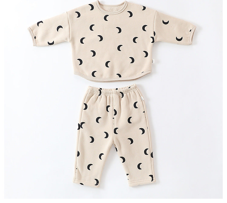 Unisex Baby Moon Print Round Collar Top Combo Long Pants In Sets-3