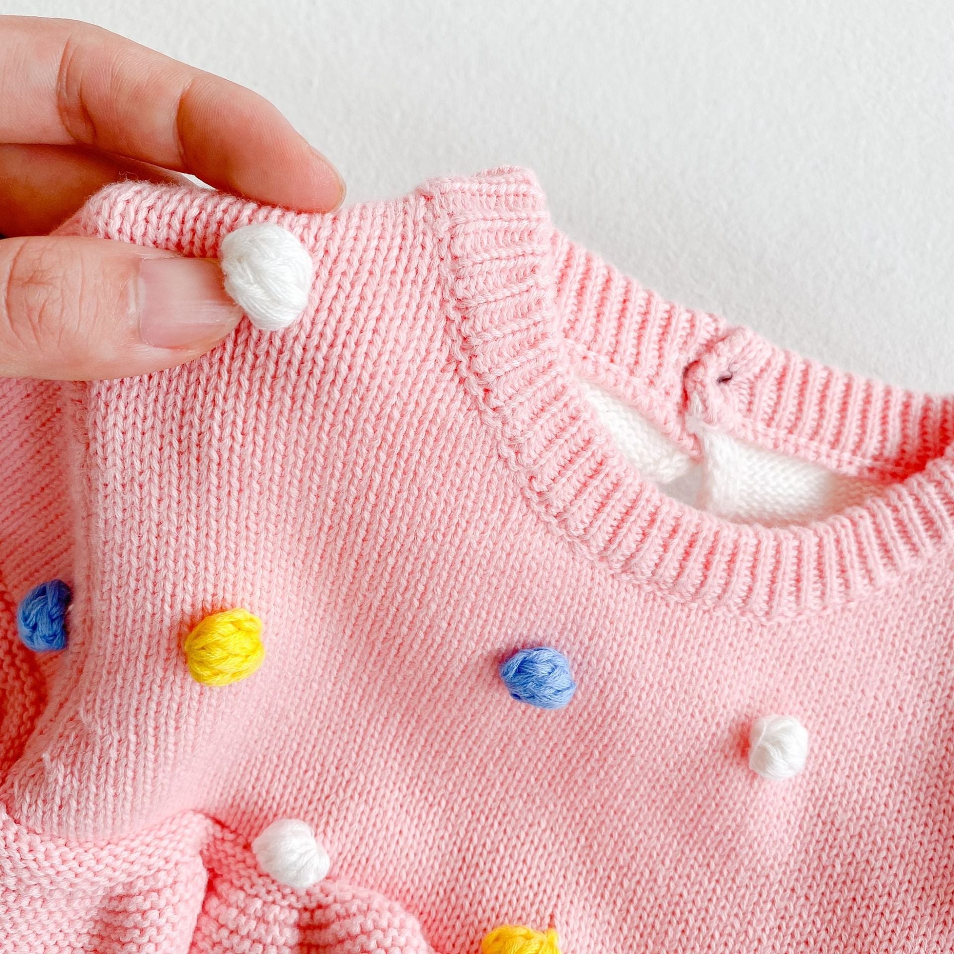 Baby Girl 1pc Colorful Handmade Ball Patched Contrast Ruffle Knitted Pullover Sweaters-3