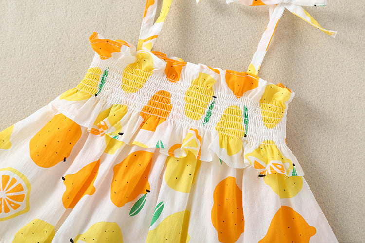 Baby Girl Lemon Fruit Print Sleeveless Dress Combo Short Pants In Sets-3