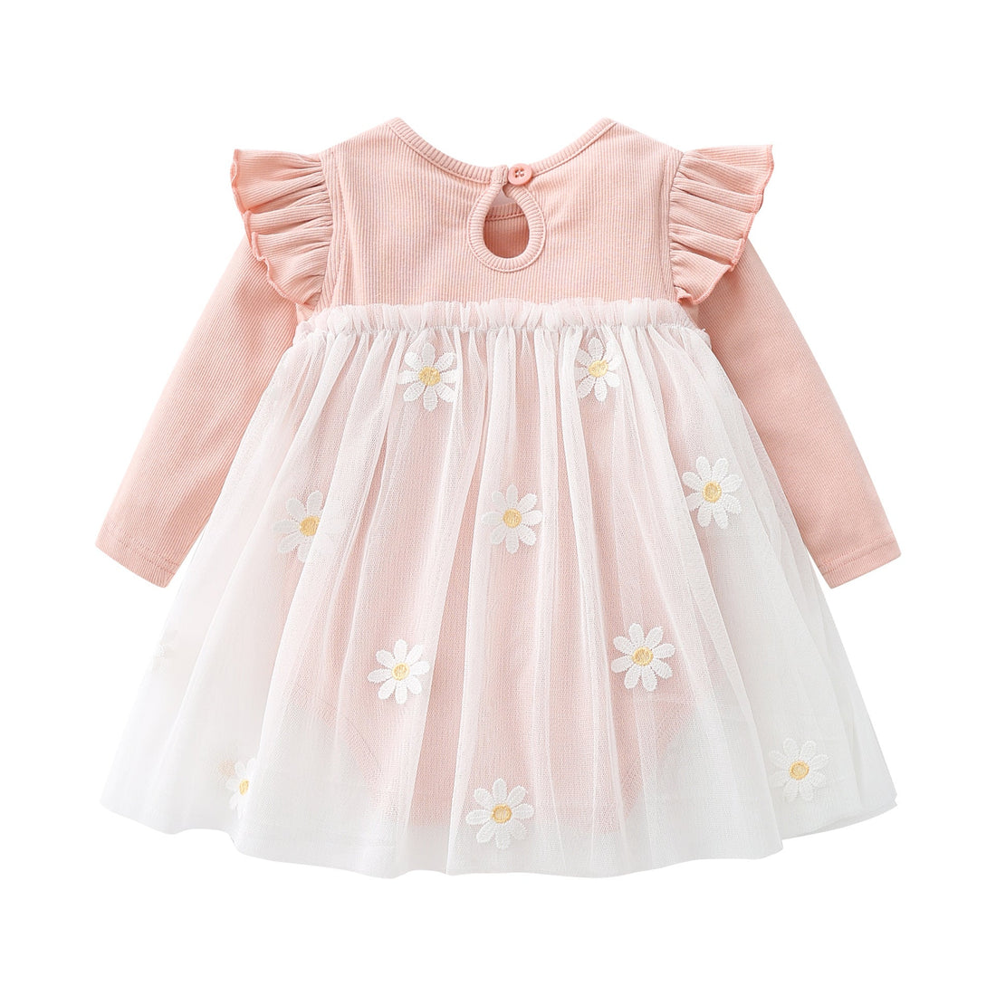 Baby Girls Floral Lace Patchwork Design Ruffle Long-Sleeved Dress Onesies In Spring &amp; Autumn-1