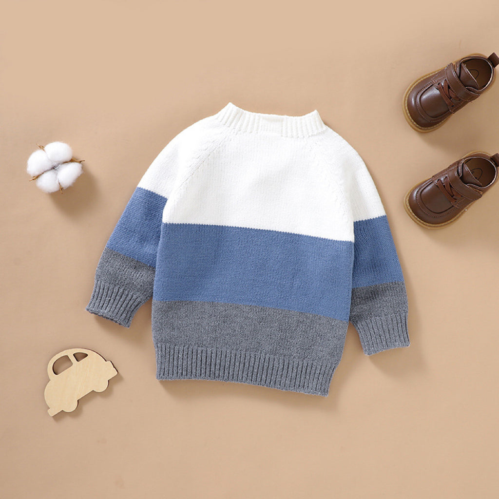 Baby Boy Color block Pattern Quarter Button Design Pullover Crewneck Knitwear Sweater-3