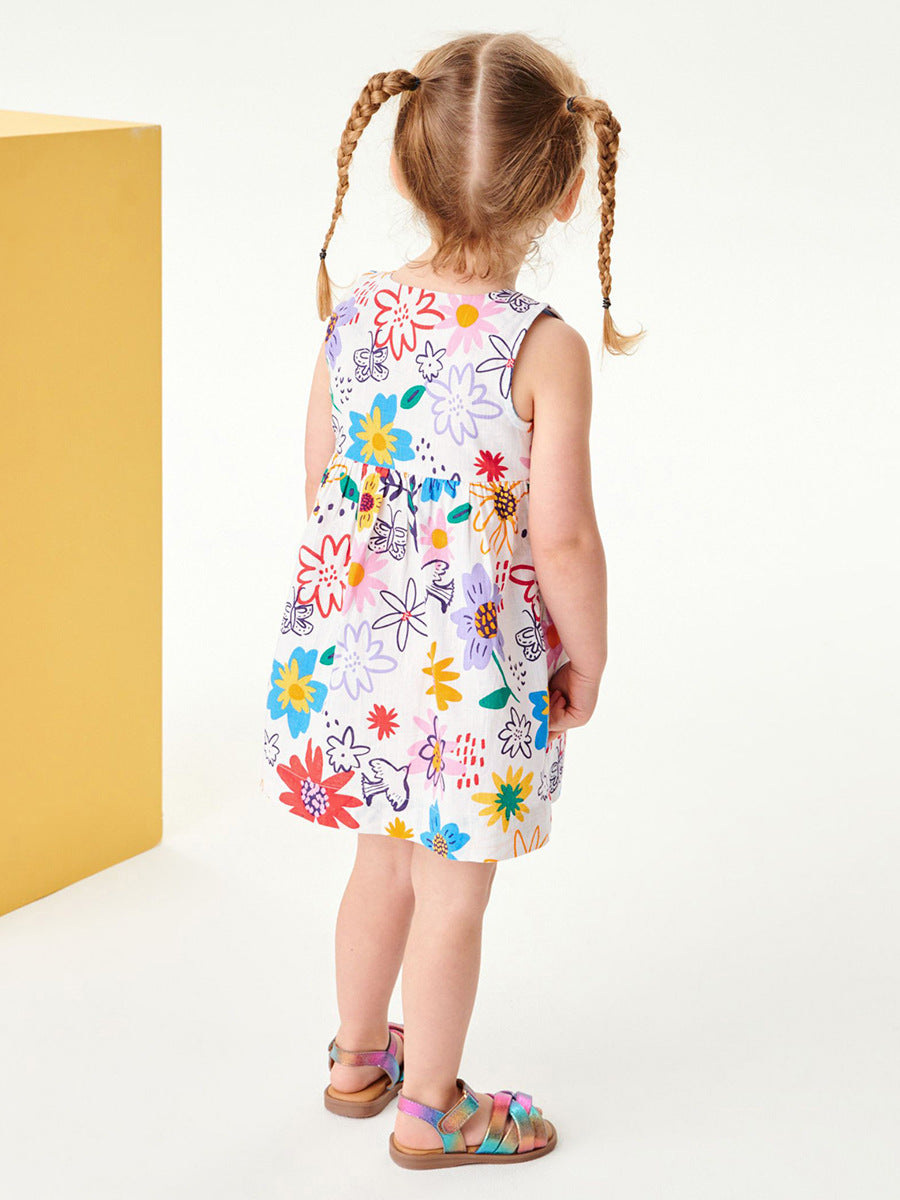 Summer Girls Sleeveless Colorful Floral Pattern Dress-3