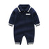 Baby Solid Color Quarter Button Design Lapel Knitted College Style Rompers-3