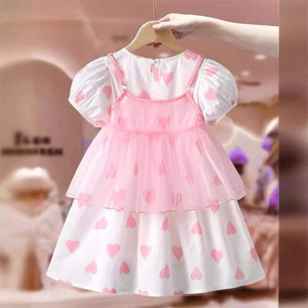 Summer Kids Girls Short Sleeves Heart Print Sweet Mesh Princess Dress-2