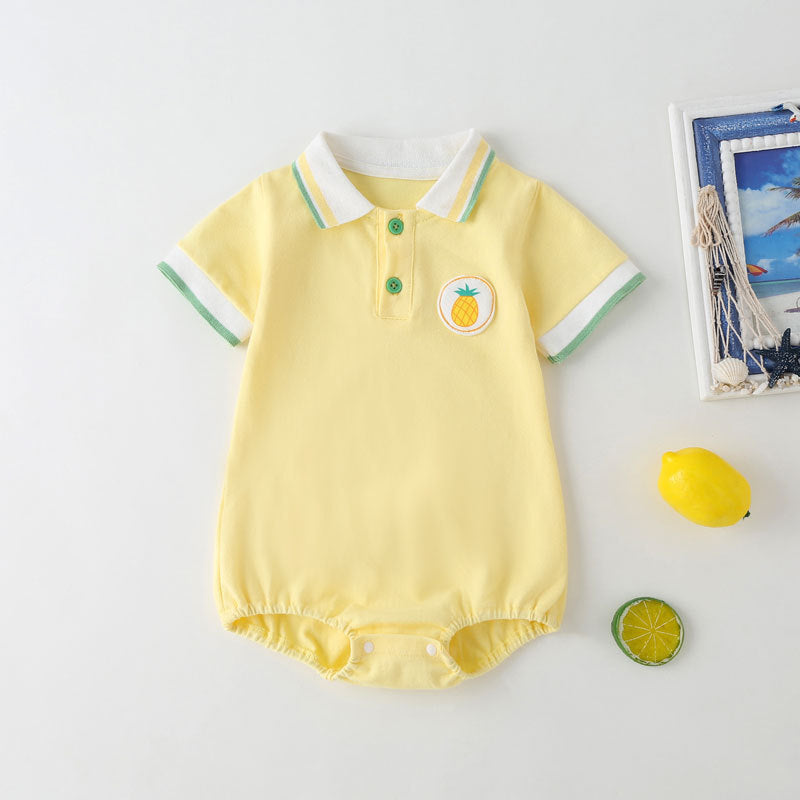 Baby Fruit Pattern Polo Collar Color Blocking Design Short-Sleeved Onesies-3