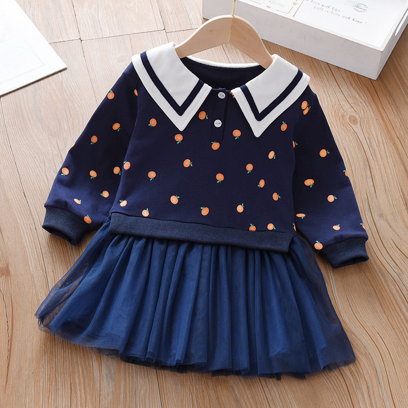 Baby Girl Fruit Pattern College Style Lapel Design Mesh Patchwork Dress-2