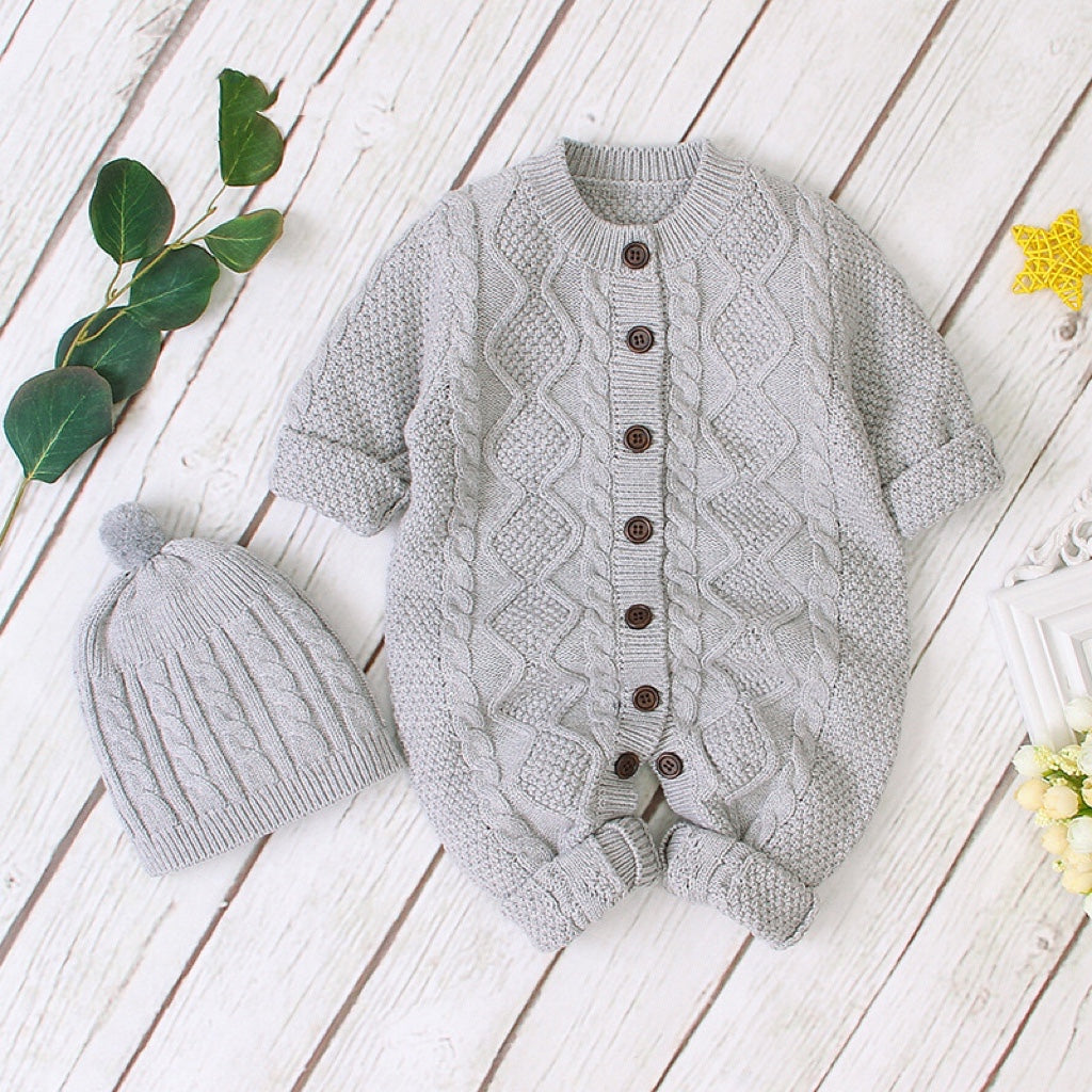 Baby Baby Cable Knitted Pattern Button Front Design Long Sleeve Warm Rompers &amp; Hat-1