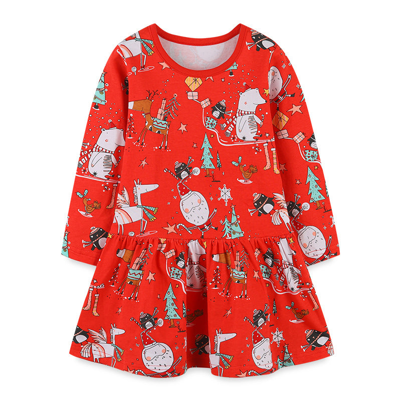 Baby Girl Cartoon Print Pattern Christmas Loose Long Dress-0