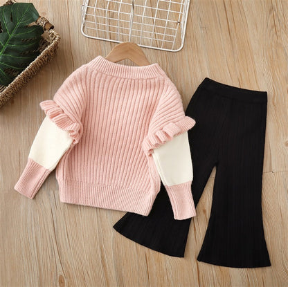 Baby Solid Color Bow Patched Sweater With Pants Sets-3