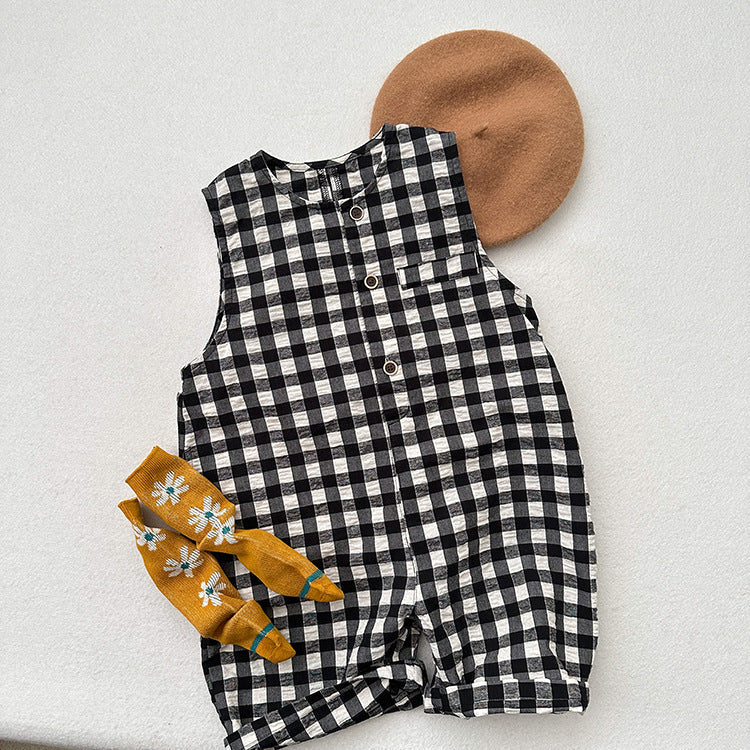 New Arrival Summer Baby Kids Unisex Black Plaid Sleeveless Single Breasted Cotton Romper-2