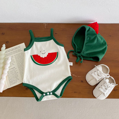 New Design Summer Baby Kids Boys And Girls Cartoon Watermelon Pattern Sleeveless Strap Onesies-3