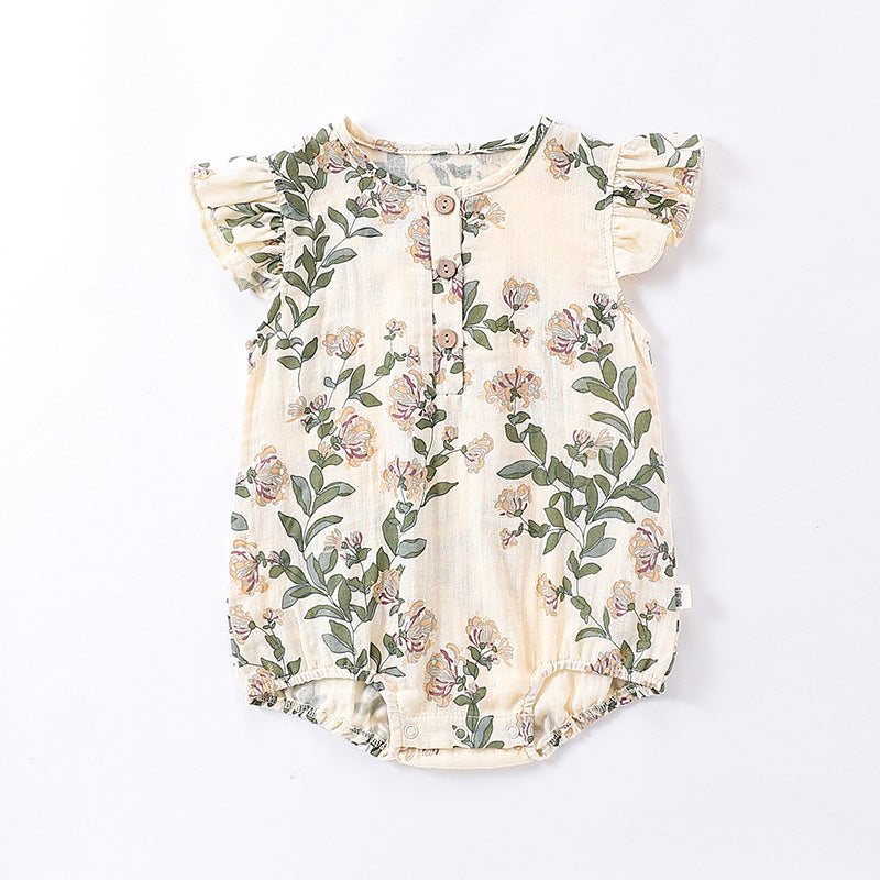 Summer New Arrival Baby Girls Plain Floral Print Fly Sleeves Crew Neck Onesies-3