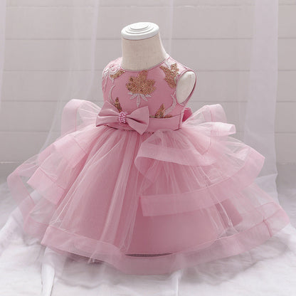 Baby Girl Sequins Patched Design Sleeveless Tutu Style Baptism Birthday Dress-2