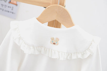 Baby Girl Solid Color Rabbit Print Single Breasted Design Doll-Neck Long-Slleved Shirt-3