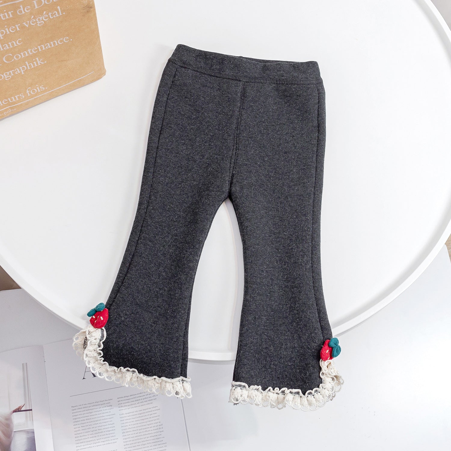 Baby Girl Solid Color Mesh Patched Design Fleece Thickened Pants-3