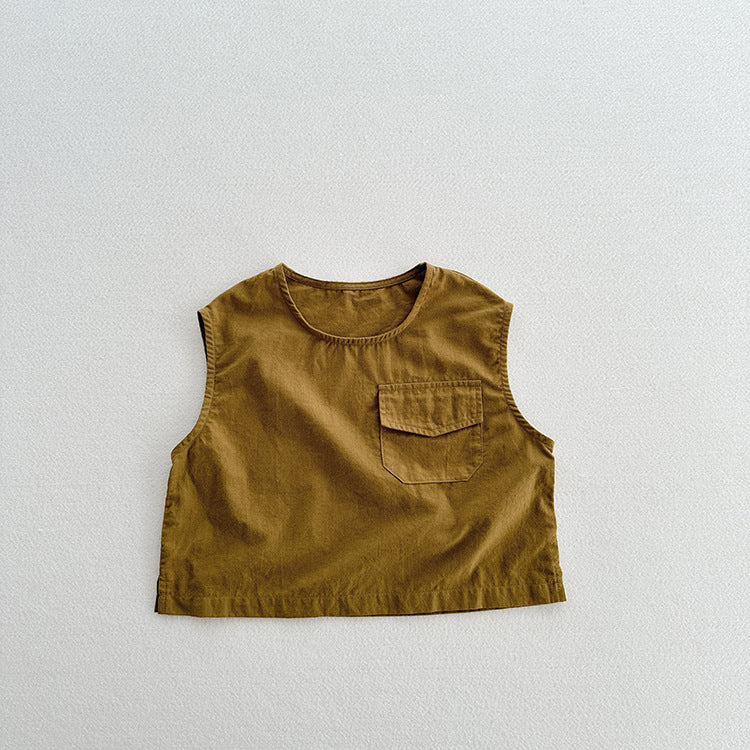 New Arrival Kids Unisex Crew Neck Sleeveless Thin Solid Color Top Vest With Pocket-2