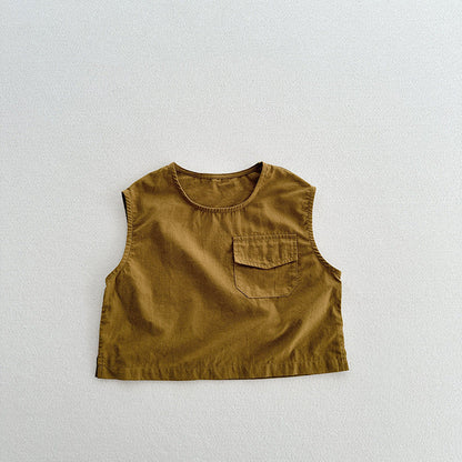 New Arrival Kids Unisex Crew Neck Sleeveless Thin Solid Color Top Vest With Pocket-2