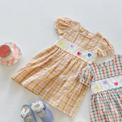 Summer Girls Short Sleeves Colorful Plaid Heart Embroidery Dress-3