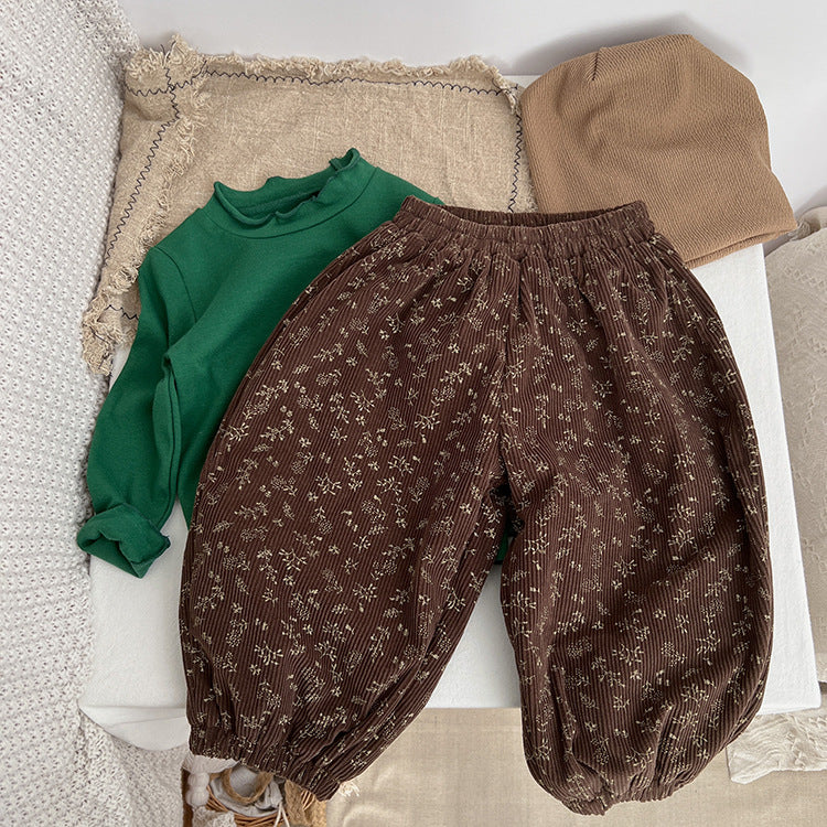 Baby Girl Ditsy Flower Pattern Corduroy Fabric Loose Thickened Pants In Winter-2