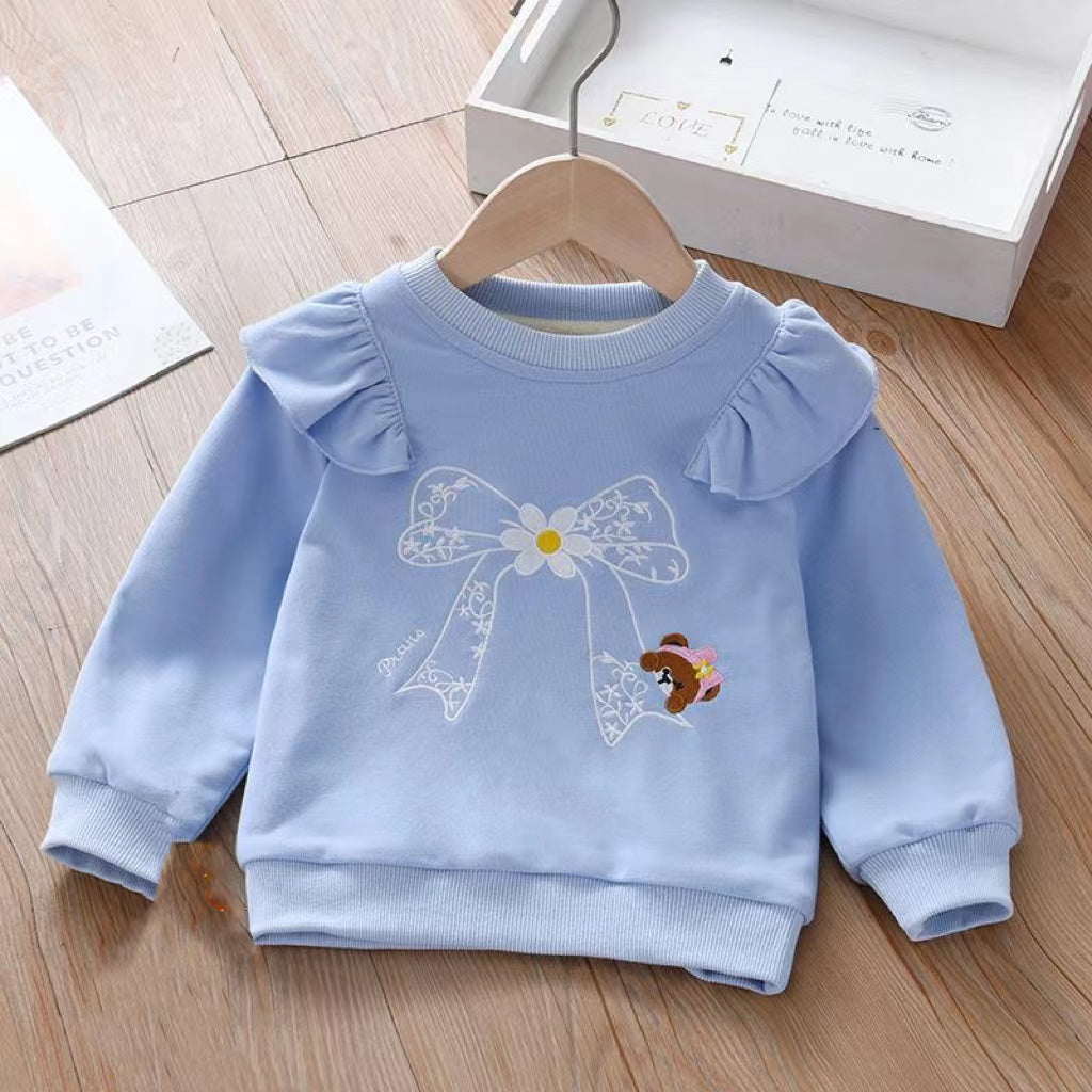 Baby Girl Embroidered Pattern Ruffle Design Fleece Thickened Hoodies-2