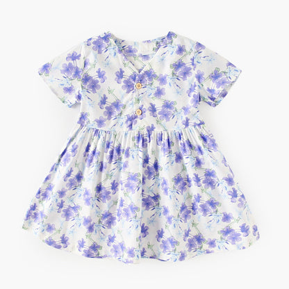 Summer New Arrival Baby Girls Elegant Floral Pattern Short Sleeves V Neck Dress-1