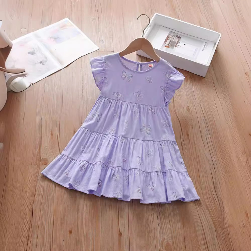 Summer Kids Girls Purple Fly Sleeves Crew Neck Butterfly Print Dress-2